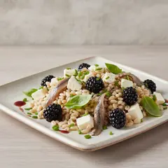 Insalata di farro con primosale, more e alici