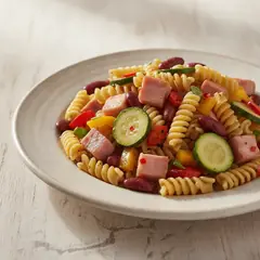 Insalata di pasta rustica e cubetti di pancetta affumicata