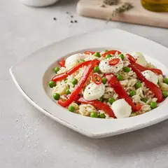 Insalata di riso con peperoni arrosto e crema di mozzarella