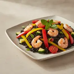 Insalata di riso venere con verdure e gamberi