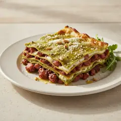 Lasagne al verde con pesto di rucola e ragù di polpo