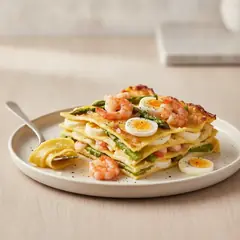 Lasagne con asparagi, uova e gamberi