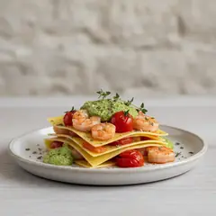 Lasagne con scampi pomodorini e pesto di fave