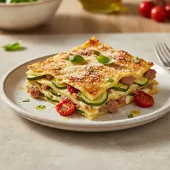 Lasagne con zucchine, pomodori confit e salsiccia