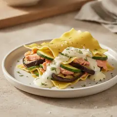 Lasagnetta aperta al salmone, zucchine e melanzane grigliate