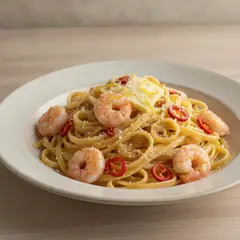 Linguine aglio olio e peperoncino con gamberi