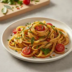 Linguine con erbe miste, pomodorini e olio piccante