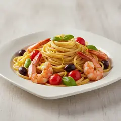 Linguine con gamberoni, pomodorini e limone