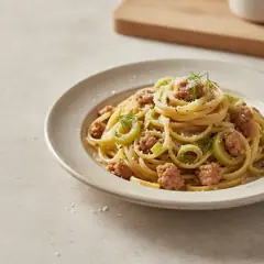 Linguine con salsiccia, porri e finocchietto