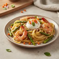 Linguine con scampi, burrata e asparagi