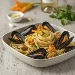 Linguine cozze e fiori di zucca
