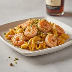 Maccheroni alla crema di zucca e gamberi flambé