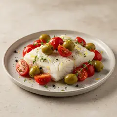 Merluzzo al vapore con olive verdi e pomodorini
