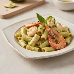 Mezze maniche con crema di carciofi e scampi