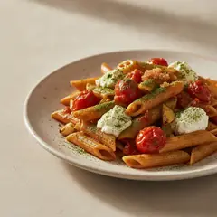 Mezze penne rigate integrali al pesto di pomodori arrosto, ricotta e polvere di spinaci