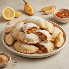Mezzelune dolci con pere, confettura di pesche e amaretti