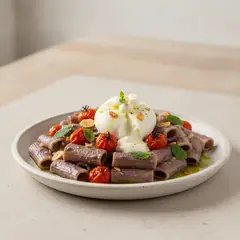 Mezzi rigatoni con crema di melanzane, pomodorini arrosto e burrata