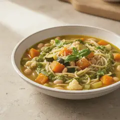 Minestrone di pasta, verdura e pesto
