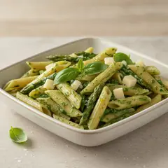 Mini penne con baffi di asparagi e crema di spinaci
