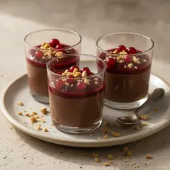 Mousse al cioccolato all'olio con coulis di ribes