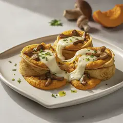 Nidi di funghi, crema di zucca e mozzarella