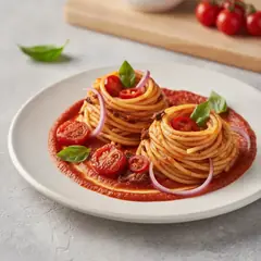 Nidi di spaghetti al sugo piccante