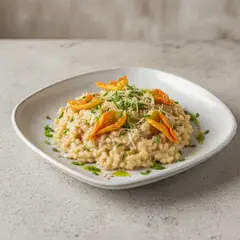 Orzotto con crema e fiori di zucca