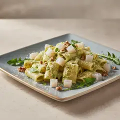 Paccheri alla crema di ricotta e tarassaco con tartare di branzino