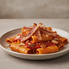 Paccheri con crema di peperoni e guanciale