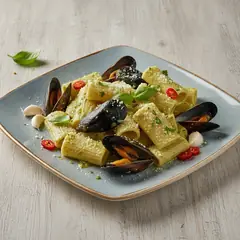 Paccheri con crema di pistacchi, cozze e pecorino