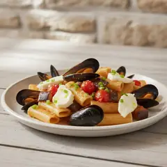 Paccheri con melanzane, cozze e mozzarella di bufala
