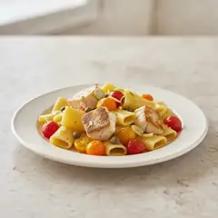 Paccheri con rana pescatrice e pomodorini colorati
