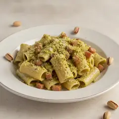 Paccheri cremosi con guanciale e pistacchio