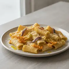 Paccheri gratinati con ricotta e fiori di zucca