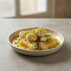 Paccheri ripieni di baccalà su fonduta di formaggio
