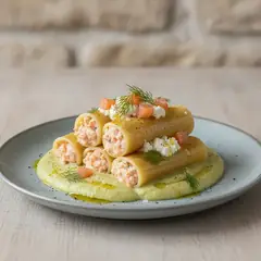 Paccheri ripieni di crema al salmone, ricotta e aneto su vellutata di porri e patate
