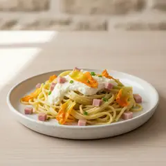 Paglia e fieno con crema di ricotta, fiori di zucca e cubetti di cotto