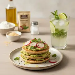 Pancake integrali senza latte, uova, burro con mojito analcolico
