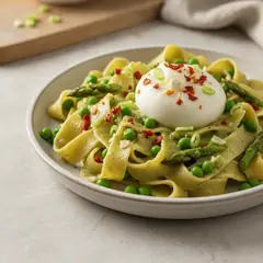 Pappardelle con crema di asparagi, piselli e burrata