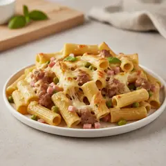 Pasta al forno con salsiccia e piselli