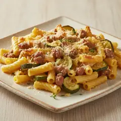 Pasta al forno con salsiccia, zucchine e zafferano