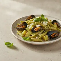 Pasta al pesto con cozze e patate
