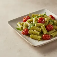 Pasta al pesto di rucola e limone con pomodorini confit