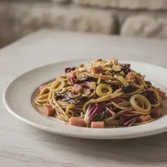 Pasta al radicchio, porri e pancetta