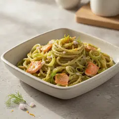 Pasta al salmone con crema di porri
