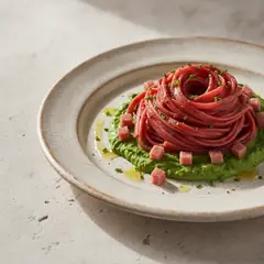 Pasta alla barbabietola su crema di spinaci e speck