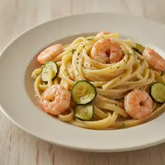Pasta alla crema di robiola con gamberi e zucchine