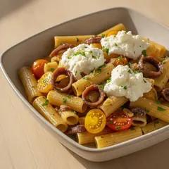Pasta con acciughe del Cantabrico e stracciatella di burrata