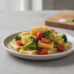 Pasta con broccoli, pomodorini e mollica di pane