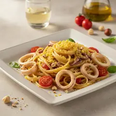 Pasta con calamari e tuorlo sodo